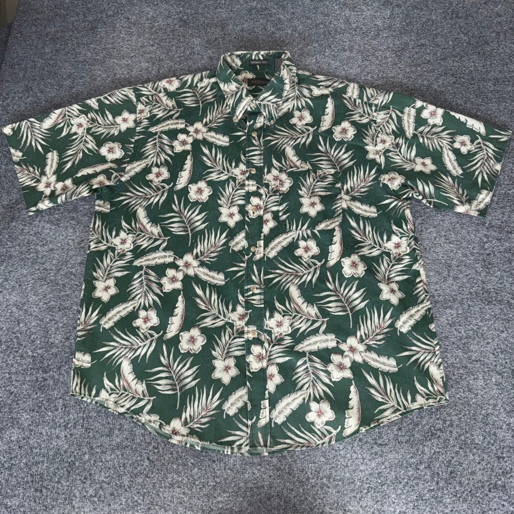 Van Heusen Mens XL Green Tropical Floral Short Sleeve Button Up Hawaiian Shirt